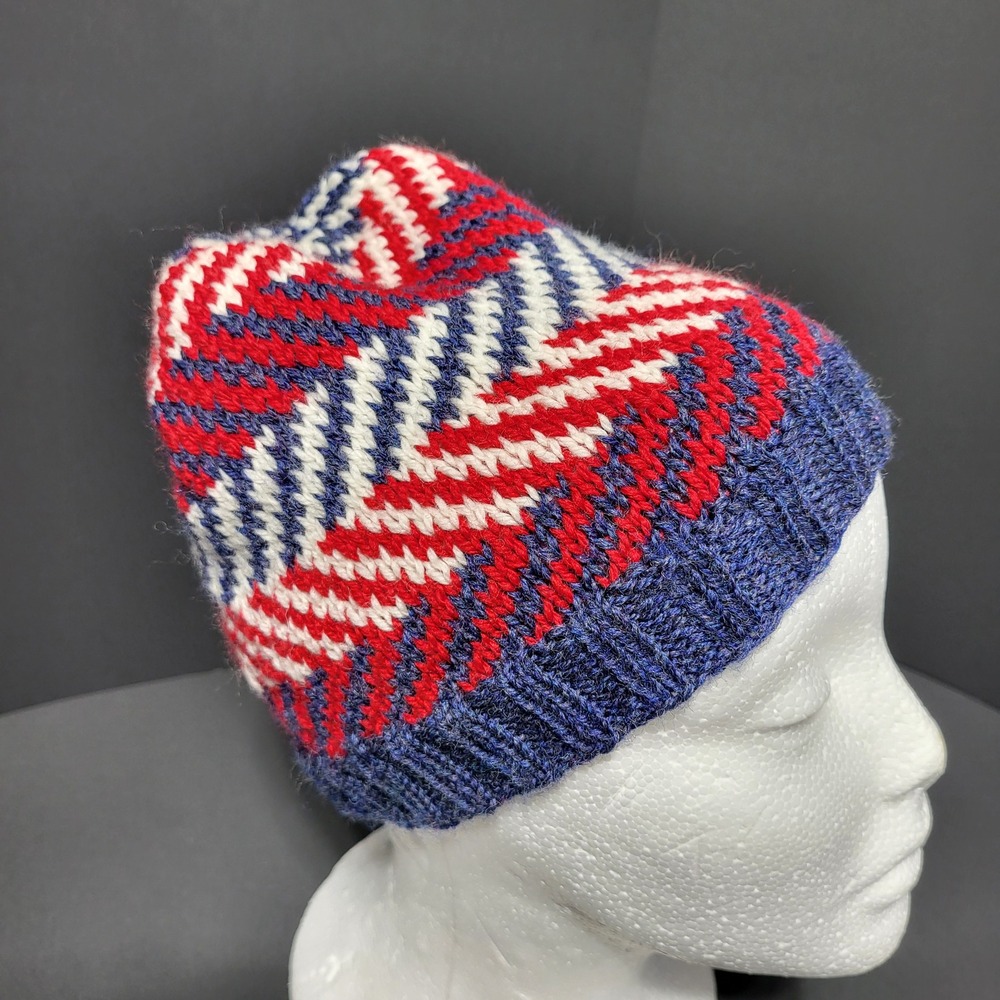 Kids Knit Beanie Hat Red White Blue‎ Zigzag Pattern Winter Warm